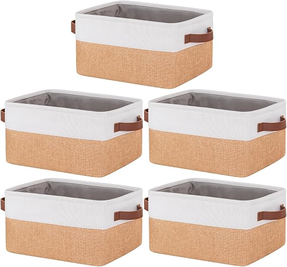 5 Pack Foldable Storage Bins with Handles, Natural Canvas Fabric Box Organizer for Shelves, Ideal for Clothes, Toys, Home Office Supplies (30x20x15cm)