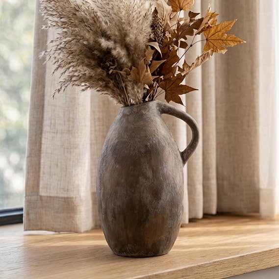 Rustic Large Ceramic Flower Brown Vase 10.3 Inches,Vintage Rustic Terracotta Vase for Decorative Centerpieces, Home Decor for Living Room,Bedroom,Entryway