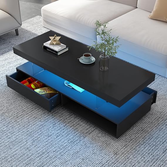 LED Coffee Table with Storage, Modern Center Table with 2 Drawers and Display Shelves, Cocktail Table Tea Table Accent Furniture with LED Lights for Living Room, Black