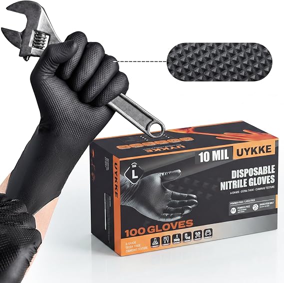 10 Mil HEAVY DUTY Nitrile Gloves Latex Free Rubber Disposable Gloves with Diamond Textured Mechanic BBQ Cooking Gloves