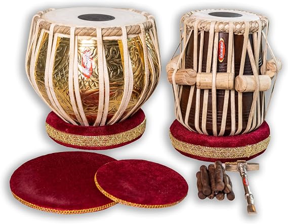Maharaja Musicals Tabla Set, 3.5 KG Designer Golden Brass Bayan, Floral Design, Finest Sheesham Dayan, Bag, Hammer, Cushions (PDI-FG)