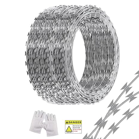 296 FT Razor Wire, Concertina Wires, 6 Rolls,Silver, with a Warning Sign