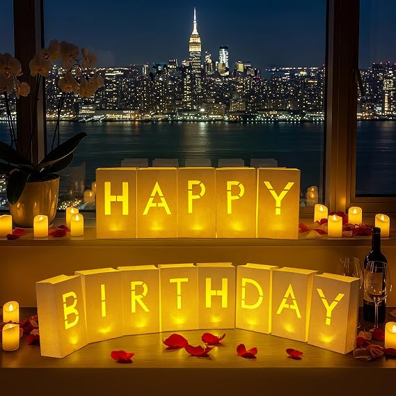 Happy Birthday Light Up Letters, Luminary Paper Bags, Birthday Decor