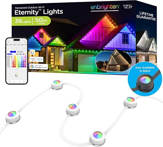 Enbrighten Eternity Permanent Outdoor Lights, 50ft with 36 RGBWIC LED Lights, AppControlled, Cuttable, Christmas, Accent & YearRound Eave Lighting, Works with Alexa & Google Home, 81102