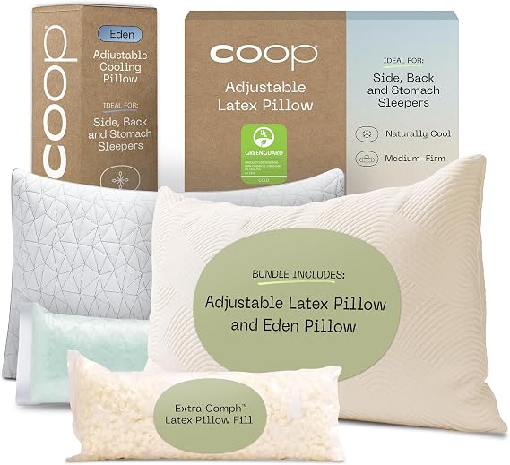 Coop Sleep Goods Adjustable Latex Pillow & Eden Adjustable Pillow King Bundle Responsive Support & Customizable Cooling Comfort for Every Sleeper