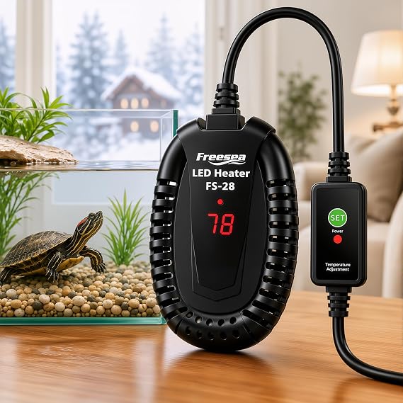 FREESEA Adjustable Turtle Tank Heater: Precise Temperature Control 64-95F | Deviation of Less 1.8F - Keep 1-10 Gallon 1.5" Shallow Water Turtle Tank Steady & Safe - External Controller Easy to Adjust