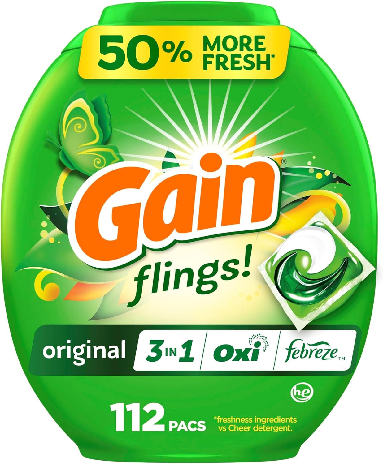Gain Flings Laundry Detergent Pacs, 112 Count, Original Scent, 3 in 1 HE Detergent Pacs with Oxi Boost and Febreeze