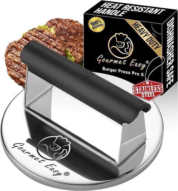 Gourmet Easy Stainless Steel Smash Burger Press with Heat Resistant Handle | Heat-Resistant Handle for a Secure Grip, 2lbs Weight, Ideal for Smash Burgers and Grills, Dishwasher Safe,