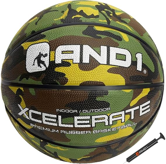 AND1 Xcelerate Rubber Basketball: Official Regulation Size 7 (29.5) Streetball, Made for Indoor/Outdoor Games (Basketball w/Pump, Green Camo)
