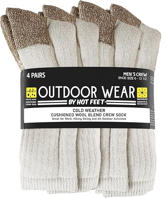 HOT FEET Wool Work Socks for Men & Women, Thick Winter Warm Boot Crew Socks - Stocking Stuffers 4 Pack, Size 4-12.5