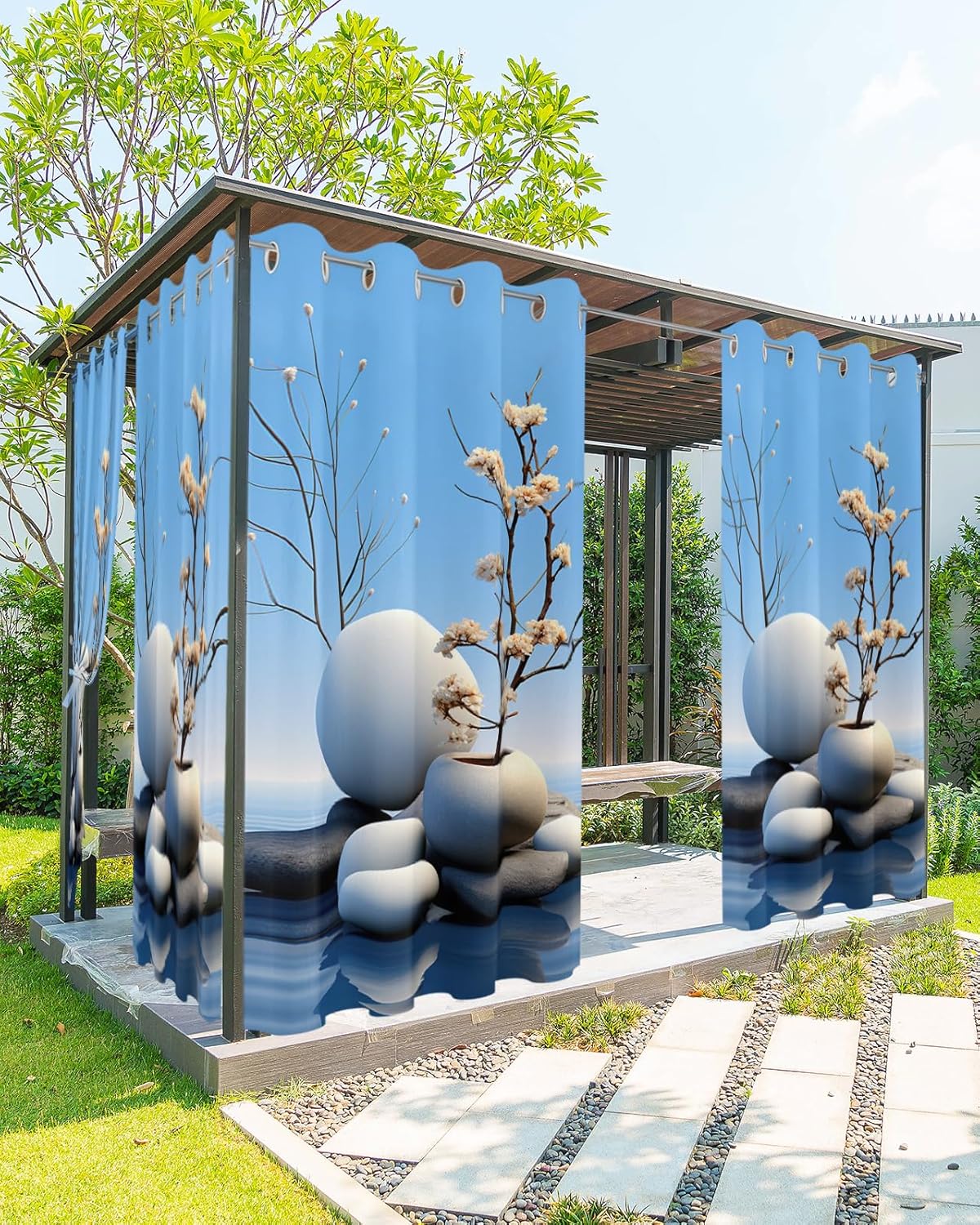 Outdoor Curtains for Patio Waterproof, Stone Branches Outside Curtain 2 Panels, Meditation Zen Lake Surface Window Treatment Drapes Privacy IndoorOutdoor Curtain for Porch Gazebo Pergola Cabana 54x95