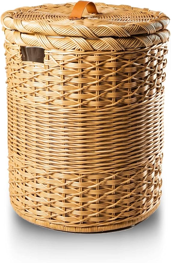 The Basket Lady Round Wicker Laundry Hamper, L, Sandstone | 19" Dia x 25" H - 2.6 cu-ft capacity, includes removable fabric liner - Handcrafted by artisans from natural rattan