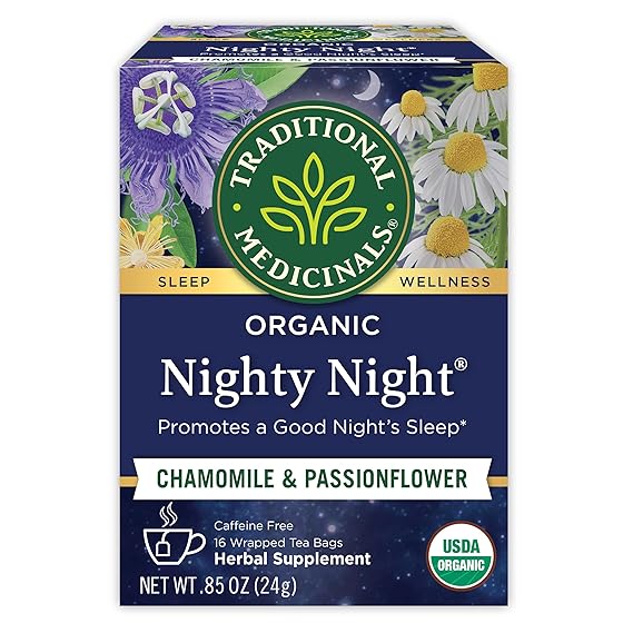 Traditional Medicinals Organic, Nighty Night Tea, Chamomile & Passionflower - Herbal Sleep Aid Teas - Kosher, Non-GMO, Caffeine-Free, Compostable - 16 Tea Bags | Chamomile & Passionflower, Herbal Sleep Aid Teas, Kosher, Non-GMO, Caffeine-Free, Compostable
