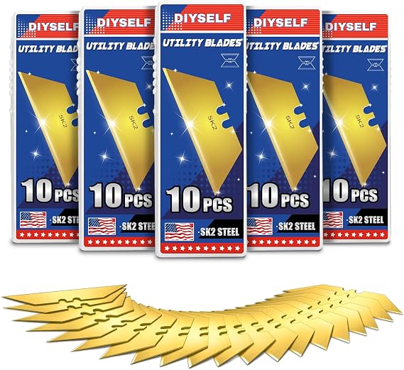 DIYSELF 50 Pack Utility Blades, SK2 Steel Carpet Knife Blades for Cutting | Standard-Size Refills, Box Cutter Blades for Cartons and Leather, Razor Blades for Warehouses, Offices and Home Projects