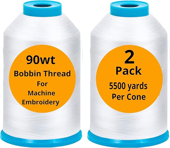 90wt X-Large Machine Embroidery Bobbin Threads Cones 2 Pack 5500 Yards Each