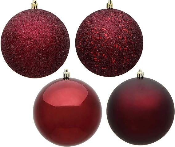 Vickerman 6" Burgundy 4-Finish Ball Ornament Set - Matte, Shiny, Glitter, Sequin - Shatterproof Plastic - for Christmas Tree Decor - 4 Ornaments per Box