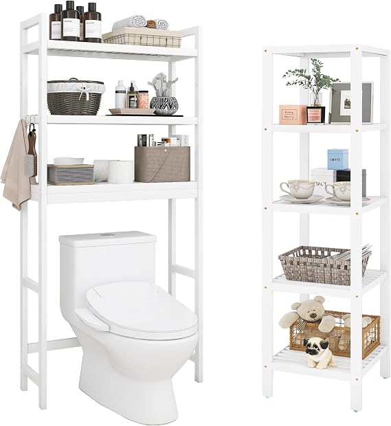 SMIBUY Bamboo Over-The-Toilet Organizer Rack and Bathroom Storage Shelf, Freestanding Toilet Space Saver with 3-Tier Adjustable Shelves and 5-Tier Bamboo Rack Organizer (White)