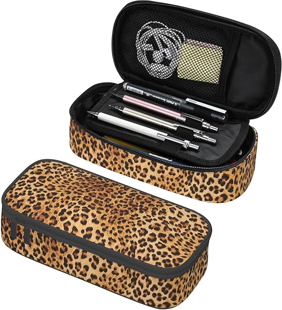 Leopard Print Pencil Pouch for Kids Cute Pen Box Pouch for Girls Large Pencil Case with Double Zipper, Portable Pencil Bag for School Office Supplies