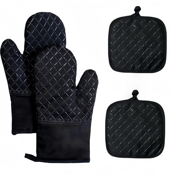 Oven Mitts and Pan Racks 4-Piece Set, Extended Kitchen Oven Mitts and Pan Racks, Heat Resistant 500 F, Silicone Non-Slip Surface for Baking and Cooking (Black)