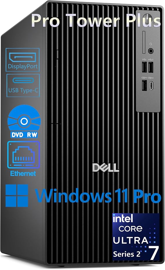 Dell Pro Tower Plus Core Ultra 7 265 32GB DDR5 1TB SSD Desktop Computer | AI Boost with Intel 20-Core 13 TOPS NPU up to 5.3GHz, DVD-RW, 3 DisplayPorts, 2 USB-C, Windows 11 Pro Business PC