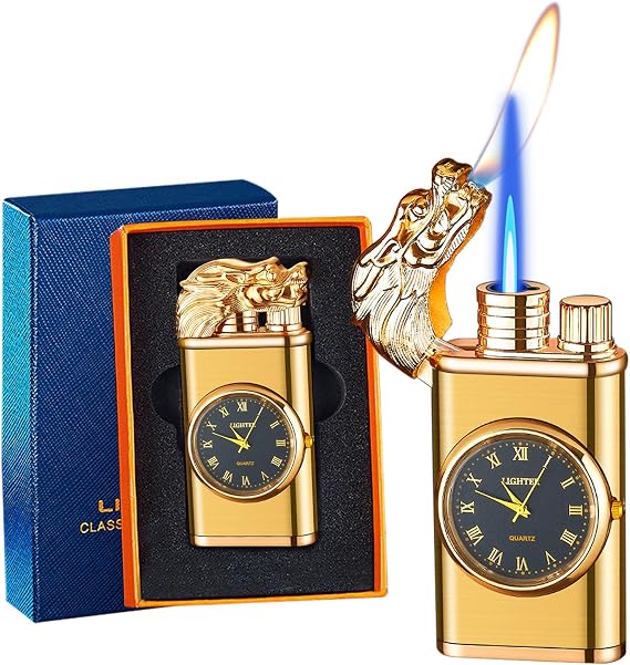 Torch Lighter, Exquisite Relief Dual Flame - Windproof Adjustable Jet Flame and Soft Flame, Refillable Butane Lighter for Candle, BBQ, Kitchen, Camping (Without Butane)-Gold D