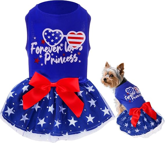 4th of July Dog Outfit Pet Puppy Printed Dresses with Sparkly Stars Summer Princess Skirt for Independence Day Party Small Medium Dog Outfit