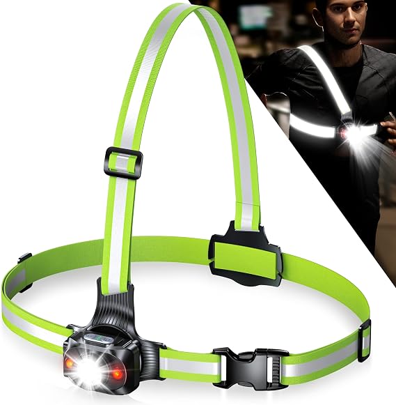 ISEYOU Running Lights for Runners, 500 Lumens Run Light with 360 Reflective Straps, IPX4 Waterproof & USB Rechargeable, 45 Adjustable Chest Running Light Vest for Night Walking, 4-16h Use Time