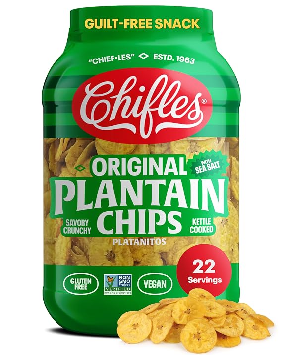 CHIFLES Original Sea Salt Plantain Chips, 22 oz Tub, Crunchy Snack | Crunchy Sea Salt Plantain Chips in a 22 oz Tub, Vegan, Gluten Free, Kosher, and Great for Snacking or Dipping