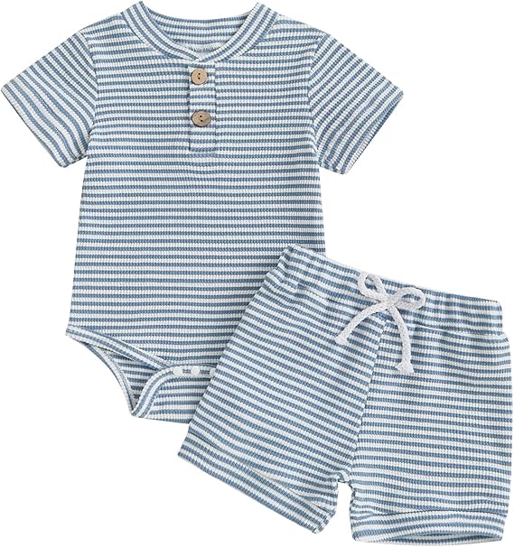 VISGOGO Newborn Infant Boy Summer Outfit Baby Boy Shorts Set Striped Letter Embroidery Romper Short Sleeve Bodysuit Clothes