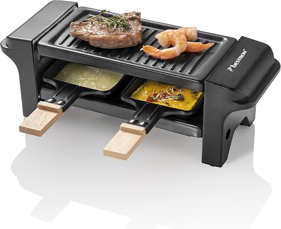 Bestron Raclette for 1 to 2 People, Mini Table Grill with Two Pans, Wooden Scrapers, Coasters, 350W, Black