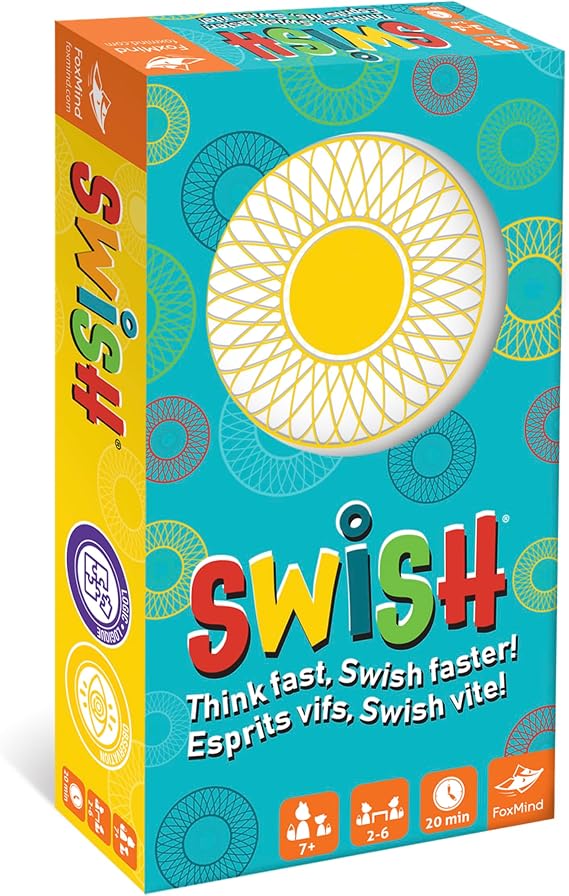 FoxMind Games: Swish Card Game, Spatial Reasoning Board Game for Ages 7 and up, Rotate, Stack & Match Transparent Cards to Win. Waterproof Cards & Travel Bag - Perfect Family Travel Game