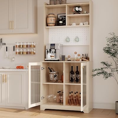 71 Kitchen Pantry Cabinet with Double Glass Doors and Pegboard, Wooden Cabinet with Open Shelves and Countertop,Kitchen Hutch with Storage for Dining Room or Living Room, Natural