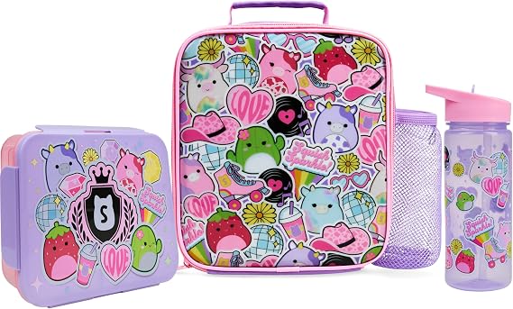 Get Trend Squishmallows Water Bottle Lunch Bag & Lunch Box for Kids 3 Pcs Set School Supplies Snack Box BPA Free Leakproof for Travel Picnic Holiday (Multi Squishmallows)
