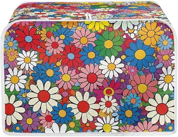 Daisy Flowers Printed Toaster Cover 4 Slice Wide Slot, Washable Kitchen Appliance Small Oven Bakeware Protector, Bread Maker Cover Dust and Fingerprint Protection