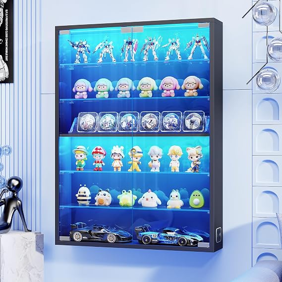 Wall Display Case with Glass Doors, Sports Card Display Case | 6-Tier, Adjustable Glass Shelves, Shot Glass Display Case for Collectibles, Display Cabinet for Trading Cards, Black