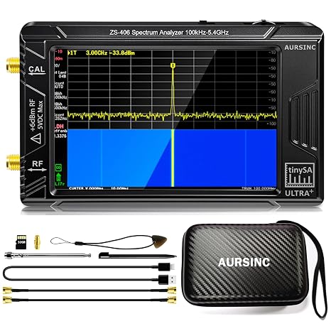 AURSINC TinySA Ultra+ ZS406 Spectrum Analyzer 100kHz-5.4GHz, 32Gb Card, with 4 Inch Hard EVA Protective Case - Waterproof Shockproof Storage for TinySA Ultra Spectrum Analyzers