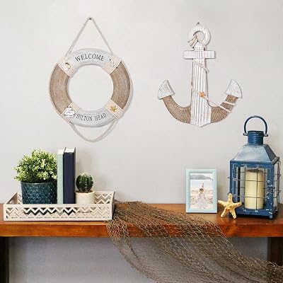 Adeco 2 Packs Handcrafted Wooden Wall Decor 12 Life Ring with Beach Decorations and 12 Boat Anchor with Jute String, Door Hanging Nautical Sailing Ornament Beach Theme Home Decoration
