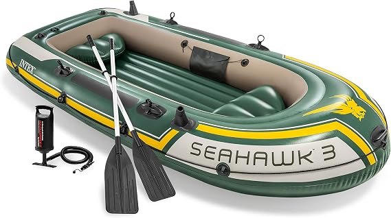 INTEX Seahawk Inflatable Boat Series: Includes Deluxe Boat Oars and High Output Pump - SuperStrong PVC - Fishing Rod Holders - Welded Paddle Locks - Heavy Duty Bucket Handle