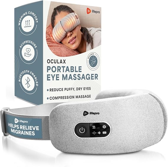 LifePro Oculax Portable Eye Massager wih Heat and Vibration | 4 Soothing Modes - Compression Massage Support Reduce Puffy & Dry Eyes - Rechargeable Heated Migraine Mask Bluetooth Music