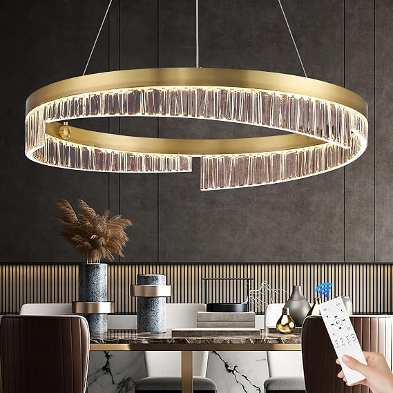 Gold Chandelier D24in Modern LED Chandeliers Dimmable 1 Ring Flush Mount Chandelier LED Pendant Light with Remote Control for Living Room Bedroom Dining Room