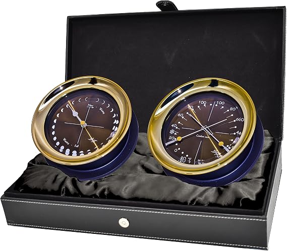MASTER-MARINER Halo Collection Gift Set, 5.85 Diameter Moonphase Clock and Comfort Meter Instruments, Gold and Black Two Tone Finish, Midnight Gold dial