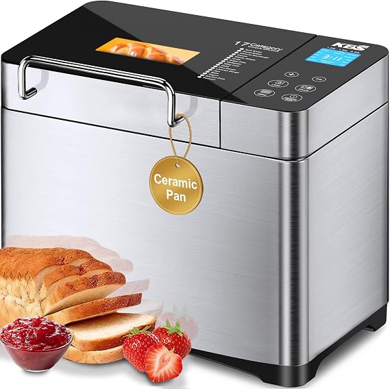 KBS Pro 710W 2.2LB Bread Maker, Stainless Steel 17-in-1 Smart Bread Machine with Healthy Ceramic Pan, Automatic Nut Dispenser, Tempered Glass Touch Panel, 3 Crust Colors, 15H Timer &Keep-Warm, Recipes