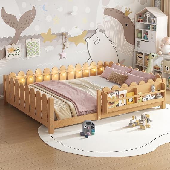 Bellemave Queen Size Floor Bed with Rails and Slats, Queen Size Montessori Floor Bed with Bookshelf, Fence and Lights, Low Profile Montessori Beds Frame for Girls, Boys, Light Natural