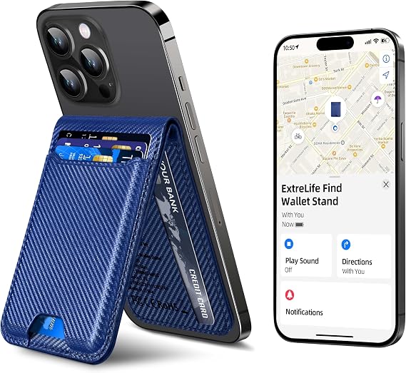 for Magsafe Wallet, Works with Apple Find My, 6 Cards Holder | Strongest Magnetic Wallet for iPhone 17/16/15/14/13/12 Series, Wallet Tracker with Adjustable Stand, Bright Blue