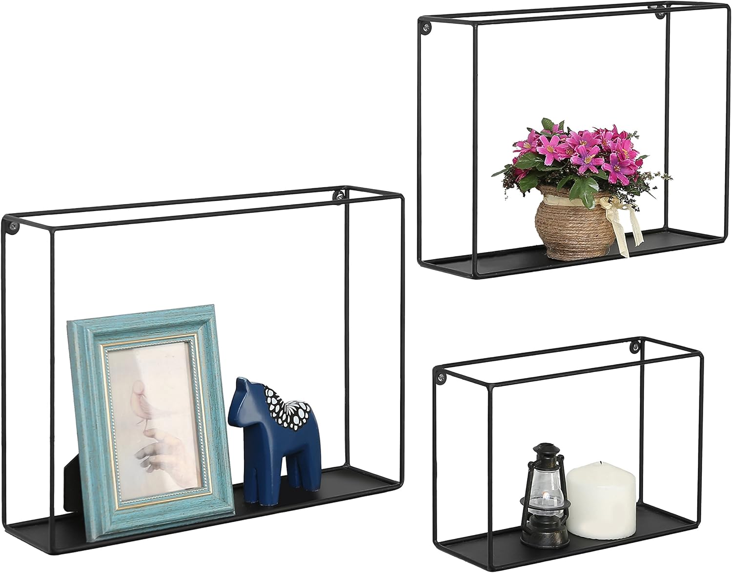 MyGift Black Metal Wire Bathroom Floating Shelves, Decorative Wall Shadow Box Display Shelf for Bedroom, Set of 3