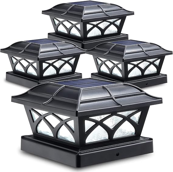 Siedinlar Solar Post Cap Lights Outdoor, 2 Modes Solar Powered Waterproof Fence Deck Light for 4x4 5x5 6x6 Posts Garden Patio Decoration Warm White & Cool White, Black (4 Pack)