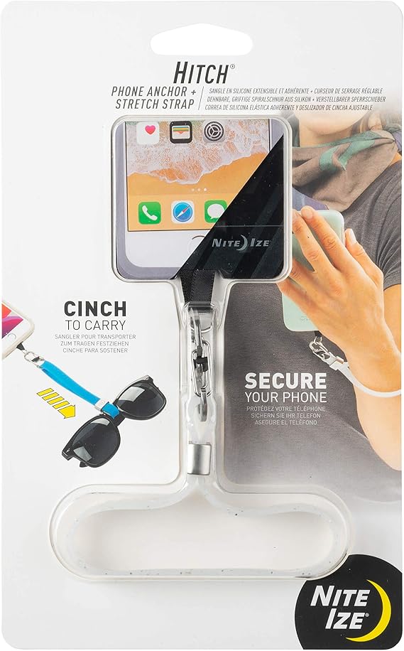 Nite Ize Hitch Phone Anchor + Stretch Strap, Adjustable Lanyard Clips To Phone, Cinch Earbuds Case/Hand Sanitizer/Lip Balm/Sunglasses, White Sparkle