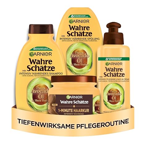 Garnier True Treasures Care Set with Shampoo Conditioner Mask and Leave-In With Avocado Oil and Shea Butter for Very Dry Wavy Curly and Thick Hair Suitable for all curly types