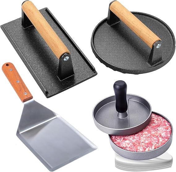Smash Burger Kit, Heavy-Duty Round & Rectangle Cast Iron Smash Bacon Press, Spatula, Hamburger Stuffed Patty Maker & Patty Papers, Burger Tool for Blackstone Grill and Griddle Accessories Barbeque