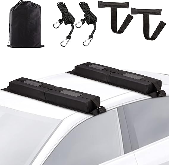Soft Roof Rack Pads, Kayak Rack for Car Use with Or Without Rails, Non-Slip Universal Roof Rack for Kayak, Surfboard, Canoe Roof Racks with 2 Tie Down Straps, 2 Ropes, 2 Hood Loops and Storage Bag